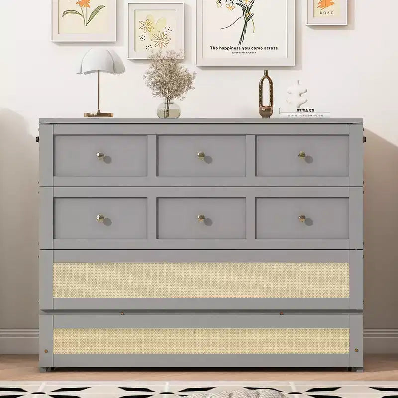 Full Murphy Bed Cabinet Bed, Full Size Murphy Bed with Storage Drawers, Wood Full Wall Bed Rattan Chest Murphy Bed Frame