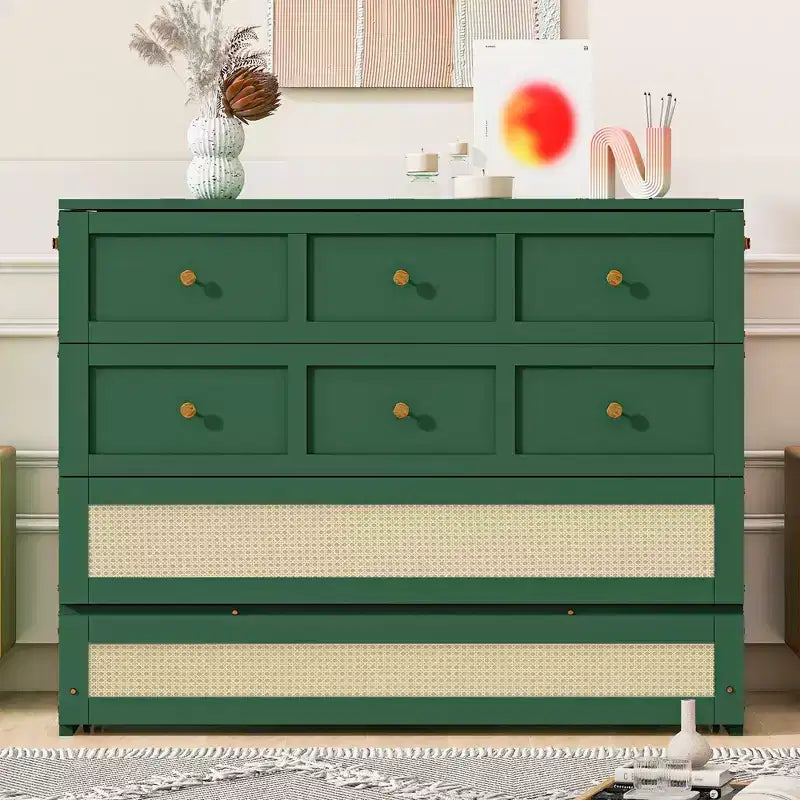 Full Murphy Bed Cabinet Bed, Full Size Murphy Bed with Storage Drawers, Wood Full Wall Bed Rattan Chest Murphy Bed Frame