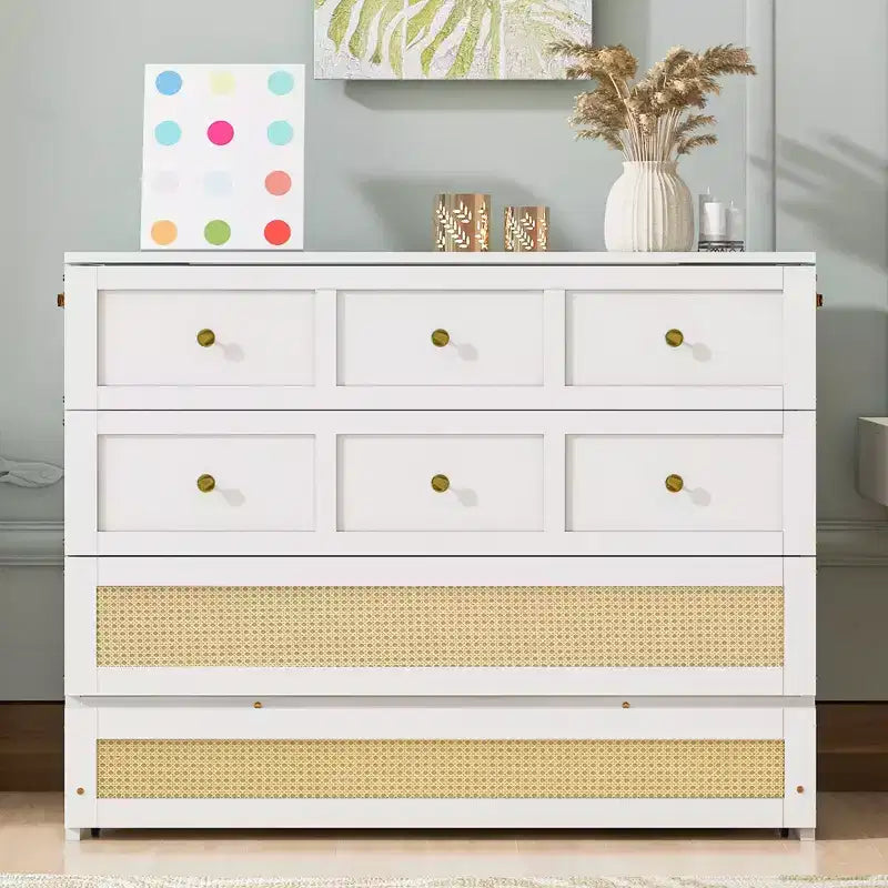 Full Murphy Bed Cabinet Bed, Full Size Murphy Bed with Storage Drawers, Wood Full Wall Bed Rattan Chest Murphy Bed Frame