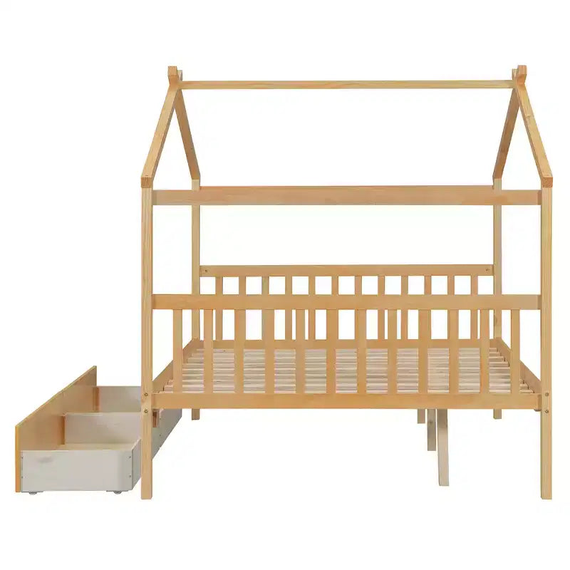 Twin/Full Size Wooden House Bed with 2 Storage Drawers, Wood Montessori Daybed Frame with Roof