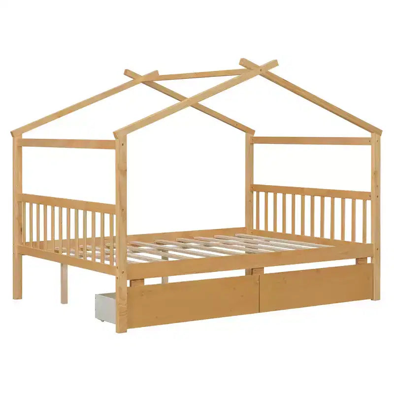 Twin/Full Size Wooden House Bed with 2 Storage Drawers, Wood Montessori Daybed Frame with Roof