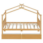 Twin/Full Size Wooden House Bed with 2 Storage Drawers, Wood Montessori Daybed Frame with Roof