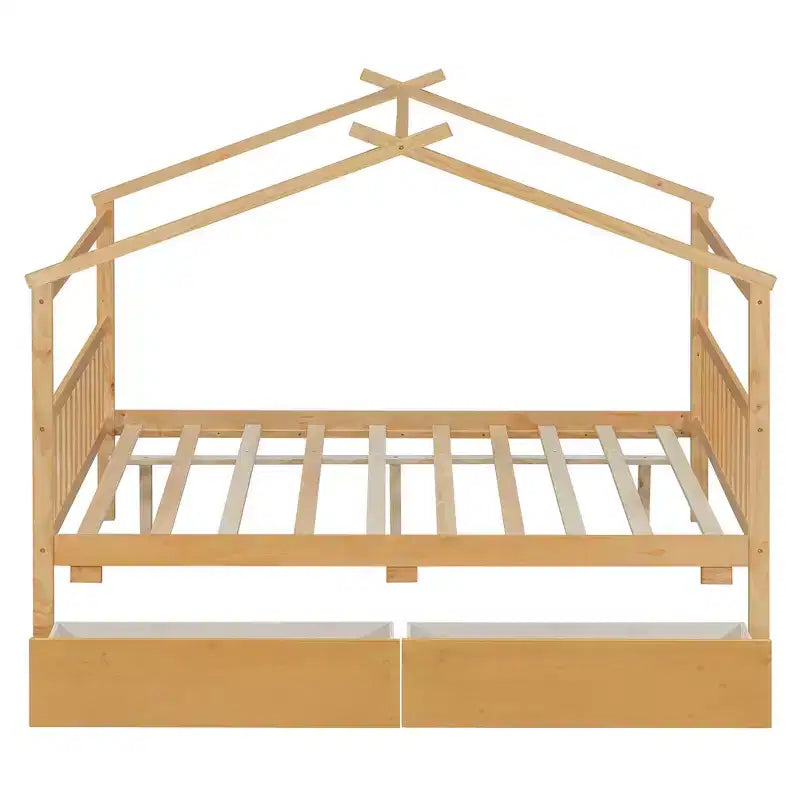 Twin/Full Size Wooden House Bed with 2 Storage Drawers, Wood Montessori Daybed Frame with Roof