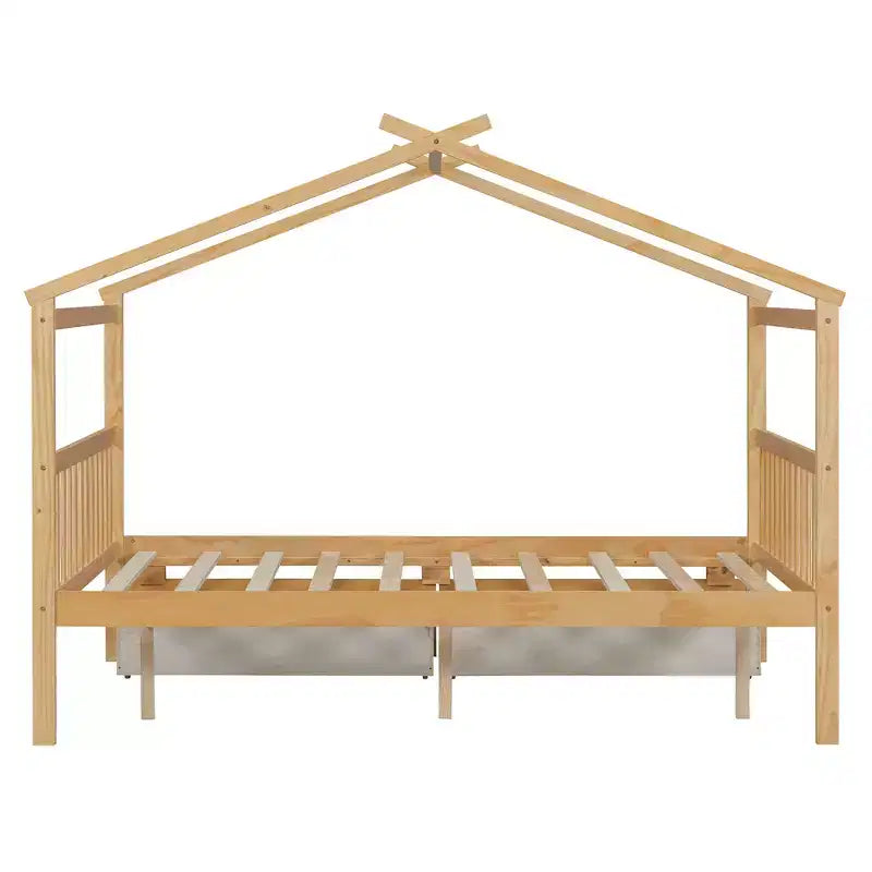 Twin/Full Size Wooden House Bed with 2 Storage Drawers, Wood Montessori Daybed Frame with Roof