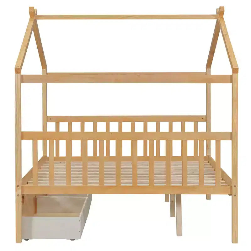 Twin/Full Size Wooden House Bed with 2 Storage Drawers, Wood Montessori Daybed Frame with Roof