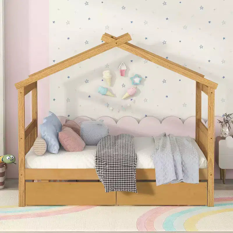 Twin/Full Size Wooden House Bed with 2 Storage Drawers, Wood Montessori Daybed Frame with Roof