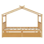 Twin/Full Size Wooden House Bed with 2 Storage Drawers, Wood Montessori Daybed Frame with Roof