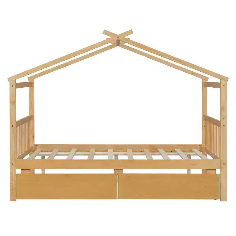 Twin/Full Size Wooden House Bed with 2 Storage Drawers, Wood Montessori Daybed Frame with Roof