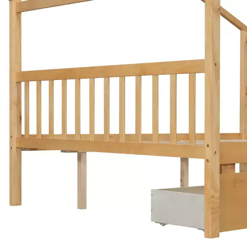 Twin/Full Size Wooden House Bed with 2 Storage Drawers, Wood Montessori Daybed Frame with Roof