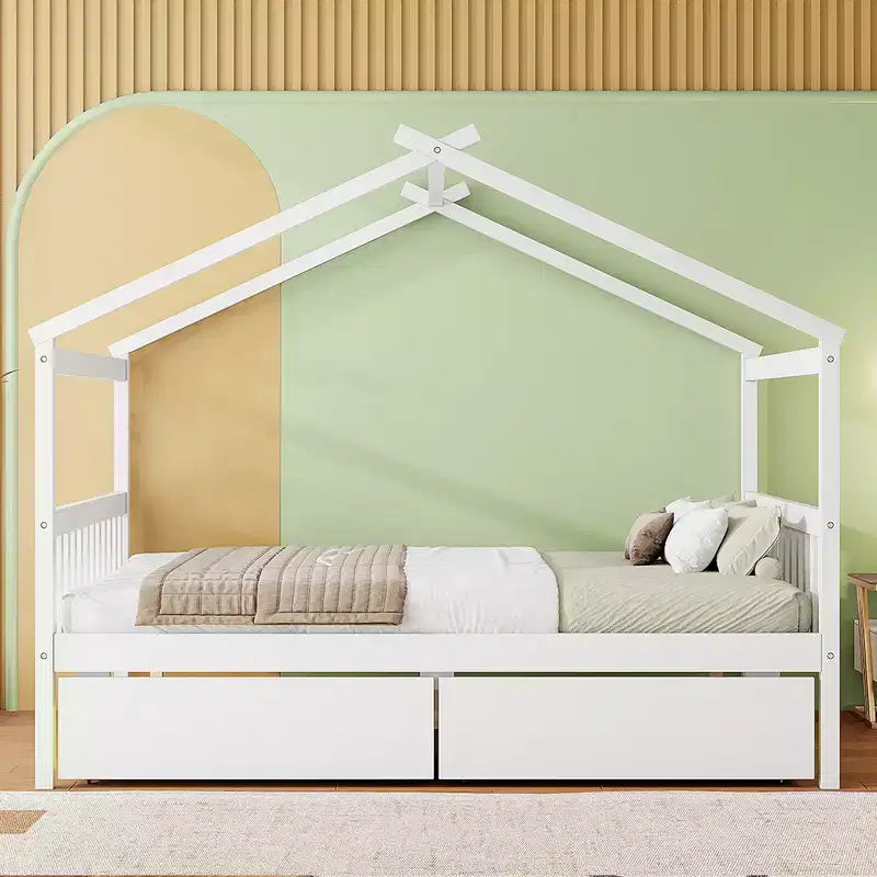 Twin/Full Size Wooden House Bed with 2 Storage Drawers, Wood Montessori Daybed Frame with Roof