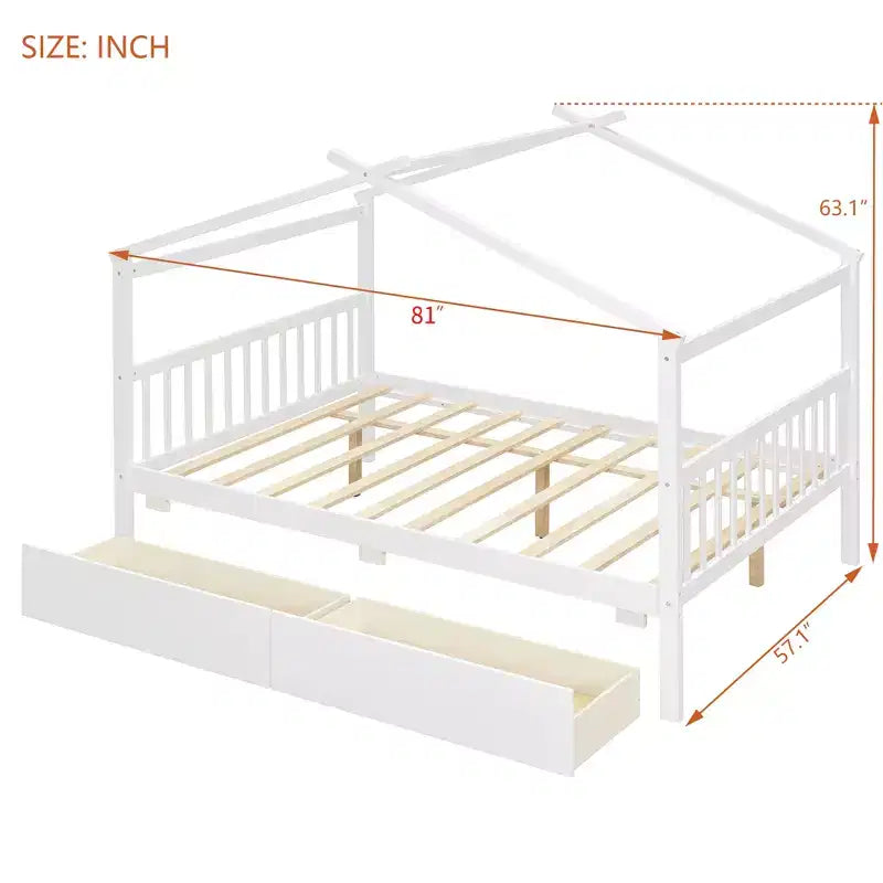 Twin/Full Size Wooden House Bed with 2 Storage Drawers, Wood Montessori Daybed Frame with Roof