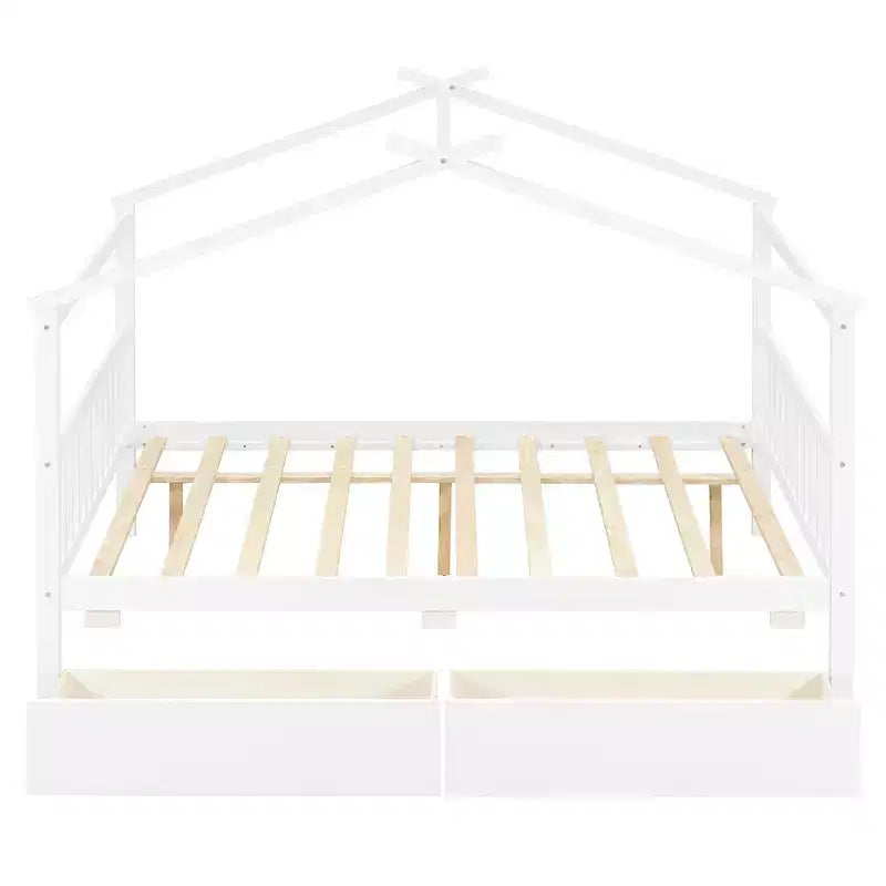 Twin/Full Size Wooden House Bed with 2 Storage Drawers, Wood Montessori Daybed Frame with Roof