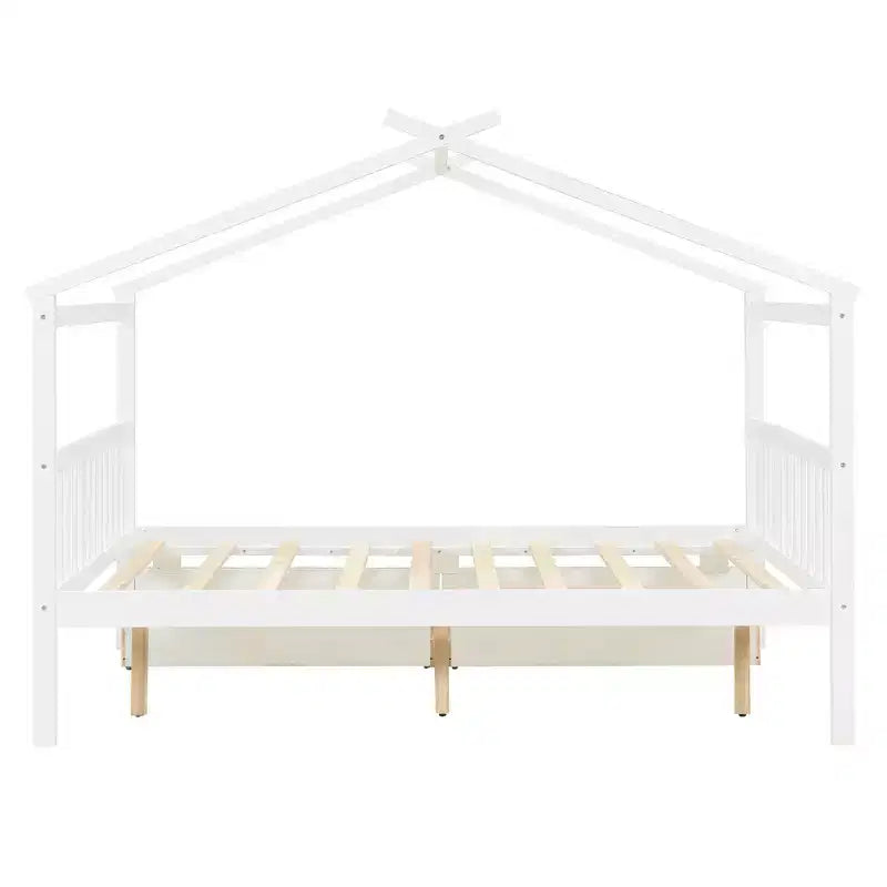 Twin/Full Size Wooden House Bed with 2 Storage Drawers, Wood Montessori Daybed Frame with Roof