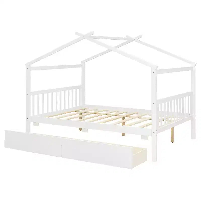 Twin/Full Size Wooden House Bed with 2 Storage Drawers, Wood Montessori Daybed Frame with Roof