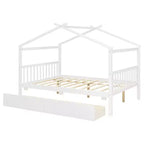 Twin/Full Size Wooden House Bed with 2 Storage Drawers, Wood Montessori Daybed Frame with Roof