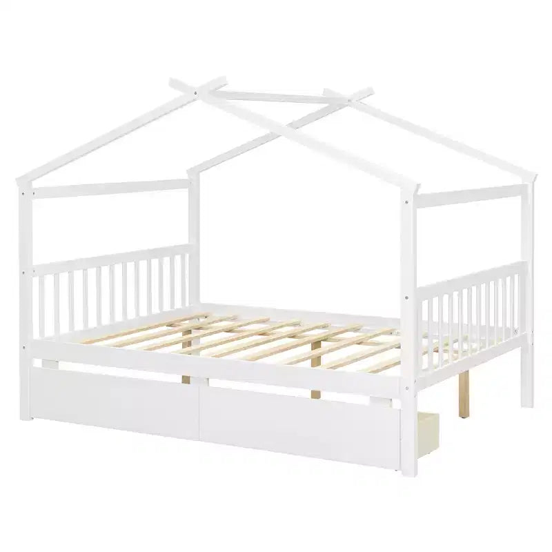 Twin/Full Size Wooden House Bed with 2 Storage Drawers, Wood Montessori Daybed Frame with Roof