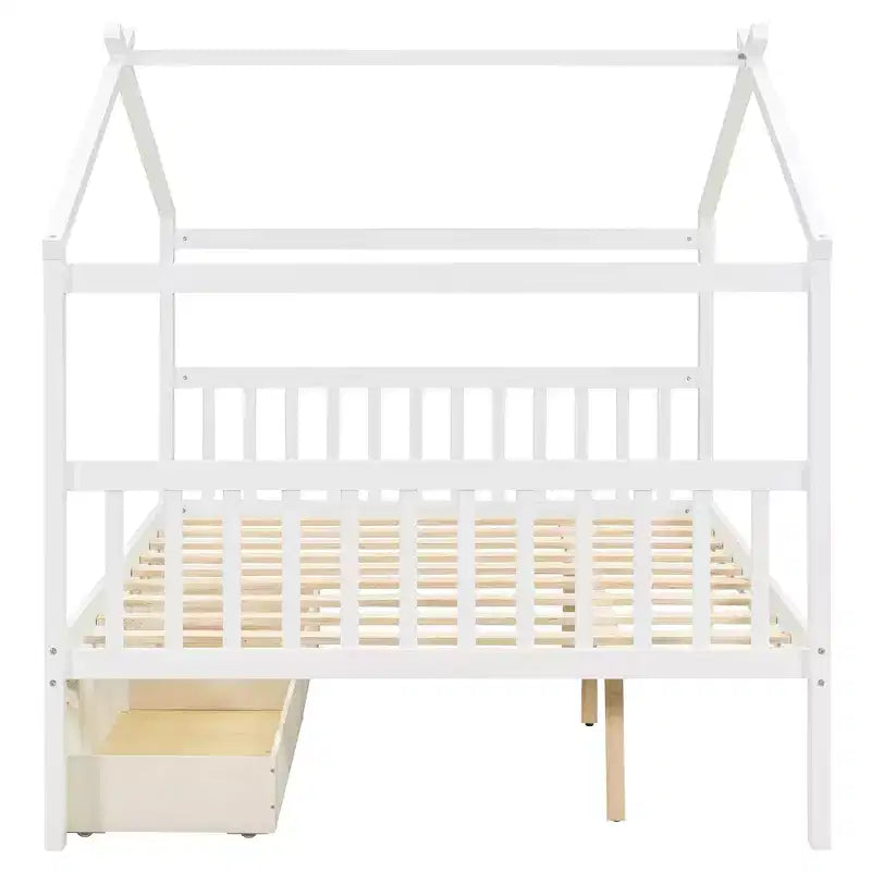 Twin/Full Size Wooden House Bed with 2 Storage Drawers, Wood Montessori Daybed Frame with Roof