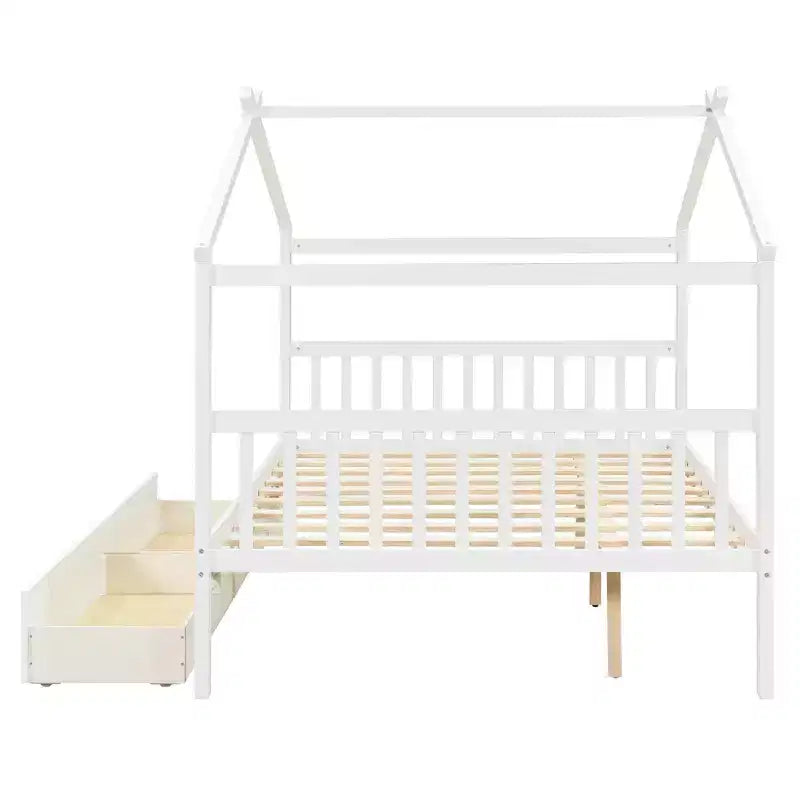 Twin/Full Size Wooden House Bed with 2 Storage Drawers, Wood Montessori Daybed Frame with Roof