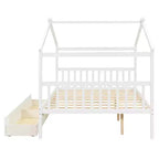 Twin/Full Size Wooden House Bed with 2 Storage Drawers, Wood Montessori Daybed Frame with Roof