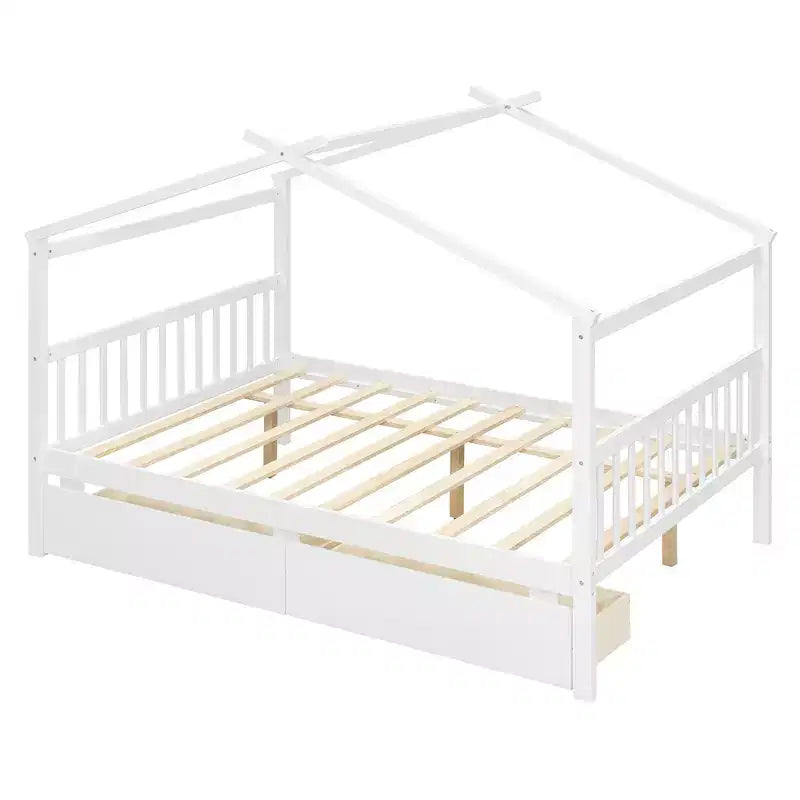 Twin/Full Size Wooden House Bed with 2 Storage Drawers, Wood Montessori Daybed Frame with Roof