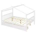 Twin/Full Size Wooden House Bed with 2 Storage Drawers, Wood Montessori Daybed Frame with Roof
