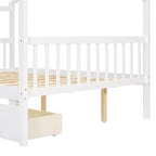 Twin/Full Size Wooden House Bed with 2 Storage Drawers, Wood Montessori Daybed Frame with Roof