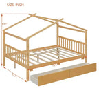 Twin/Full Size Wooden House Bed with 2 Storage Drawers, Wood Montessori Daybed Frame with Roof
