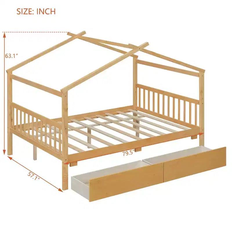 Twin/Full Size Wooden House Bed with 2 Storage Drawers, Wood Montessori Daybed Frame with Roof