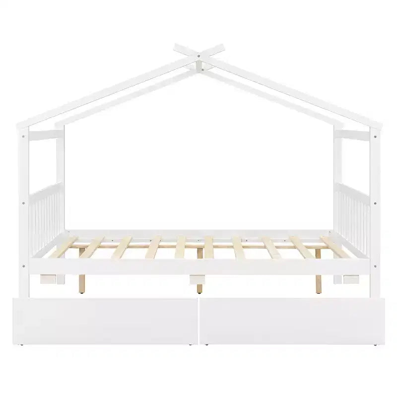 Twin/Full Size Wooden House Bed with 2 Storage Drawers, Wood Montessori Daybed Frame with Roof
