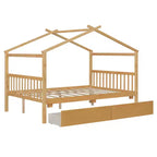 Twin/Full Size Wooden House Bed with 2 Storage Drawers, Wood Montessori Daybed Frame with Roof