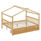 Twin/Full Size Wooden House Bed with 2 Storage Drawers, Wood Montessori Daybed Frame with Roof