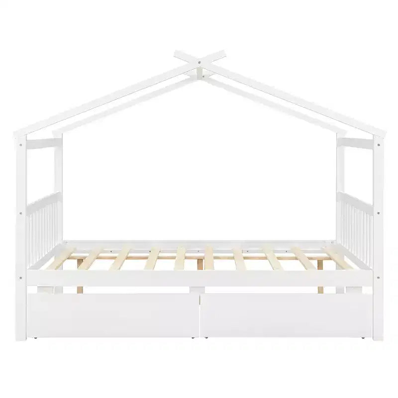 Twin/Full Size Wooden House Bed with 2 Storage Drawers, Wood Montessori Daybed Frame with Roof