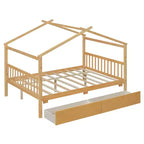 Twin/Full Size Wooden House Bed with 2 Storage Drawers, Wood Montessori Daybed Frame with Roof