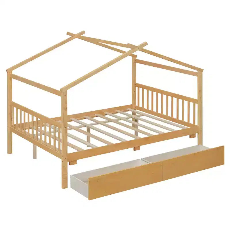 Twin/Full Size Wooden House Bed with 2 Storage Drawers, Wood Montessori Daybed Frame with Roof