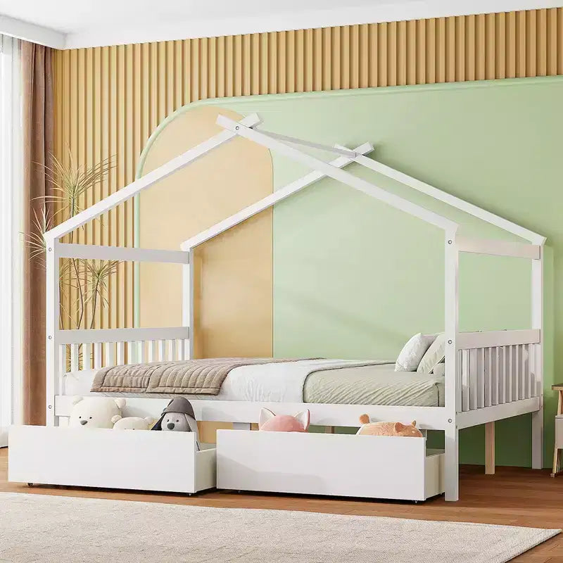 Twin/Full Size Wooden House Bed with 2 Storage Drawers, Wood Montessori Daybed Frame with Roof