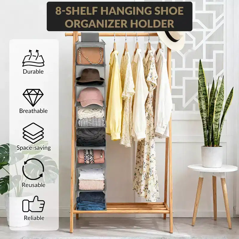 COZONY 3 Pack Hanging Shoe Organizer for Closet, 8-Shelf Storage Holder w/ 2 Hooks, No Tools Needed Installation, Space-Saving Shelf for Shoes&Purses