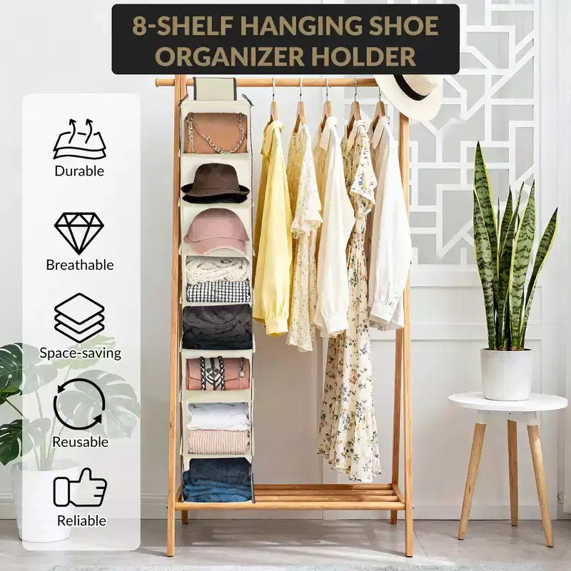 COZONY 3 Pack Hanging Shoe Organizer for Closet, 8-Shelf Storage Holder w/ 2 Hooks, No Tools Needed Installation, Space-Saving Shelf for Shoes&Purses