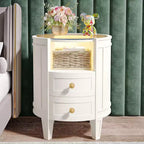 Lantine Oval Nightstand: No Assembly, 2-Drawer LED, Glass Tabletop, Modern White Round Side Table for Bedroom