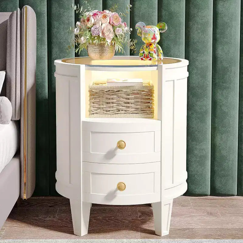 Lantine Oval Nightstand: No Assembly, 2-Drawer LED, Glass Tabletop, Modern White Round Side Table for Bedroom
