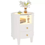 Lantine Oval Nightstand: No Assembly, 2-Drawer LED, Glass Tabletop, Modern White Round Side Table for Bedroom