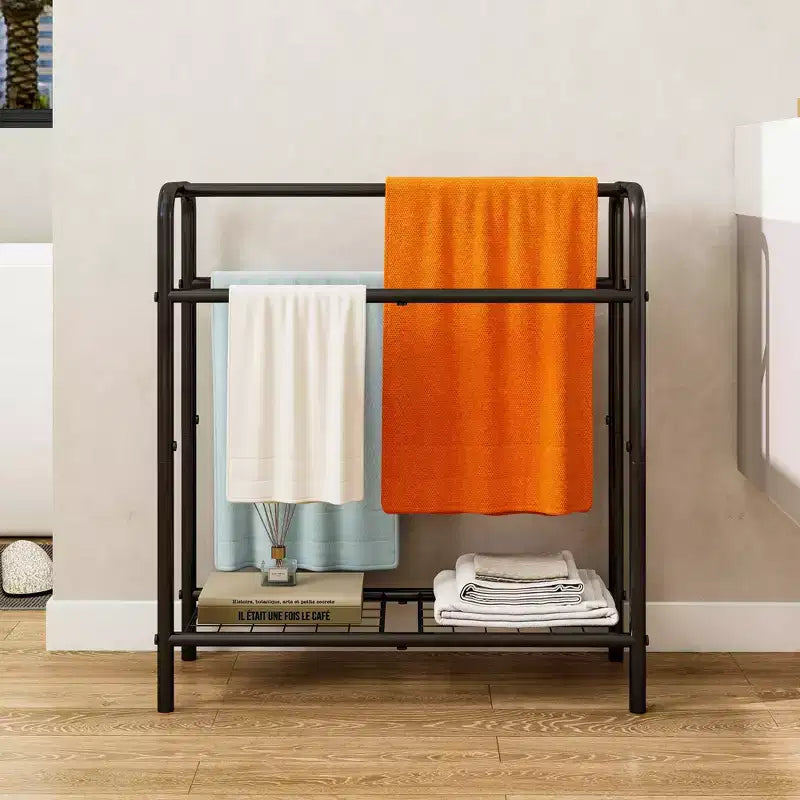 VIYET 30 3-Tier Metal Towel Rack, Freestanding Black Storage Holder (Bathroom/Bedroom/Pool Display Organizer)