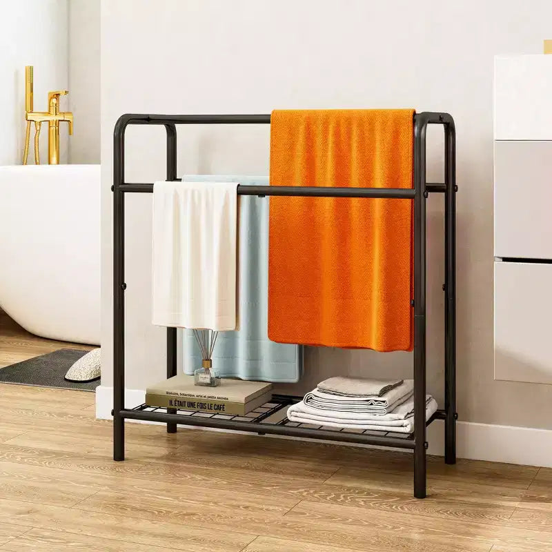 VIYET 30 3-Tier Metal Towel Rack, Freestanding Black Storage Holder (Bathroom/Bedroom/Pool Display Organizer)