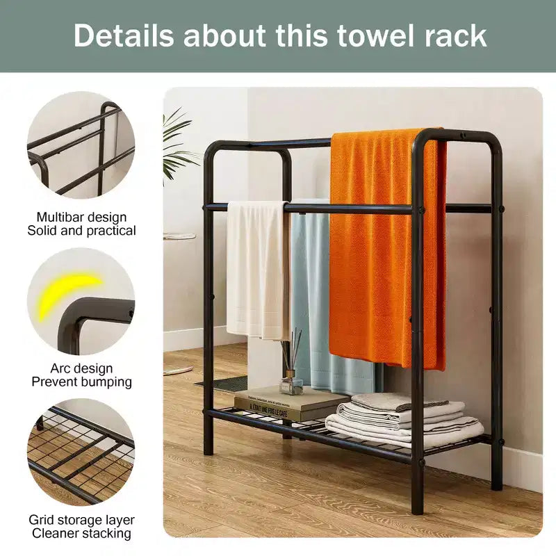 VIYET 30 3-Tier Metal Towel Rack, Freestanding Black Storage Holder (Bathroom/Bedroom/Pool Display Organizer)