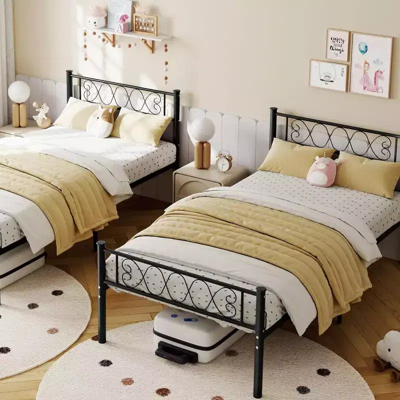 Black Twin XL Bed Frame with Headboard and Footboard for Girls and Boys, Metal Platform Bed Frame with Iron-Art Sweet Heart, No Box Spring Needed