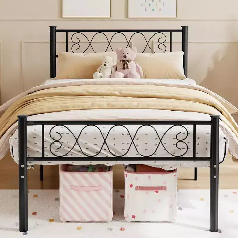 Black Twin XL Bed Frame with Headboard and Footboard for Girls and Boys, Metal Platform Bed Frame with Iron-Art Sweet Heart, No Box Spring Needed