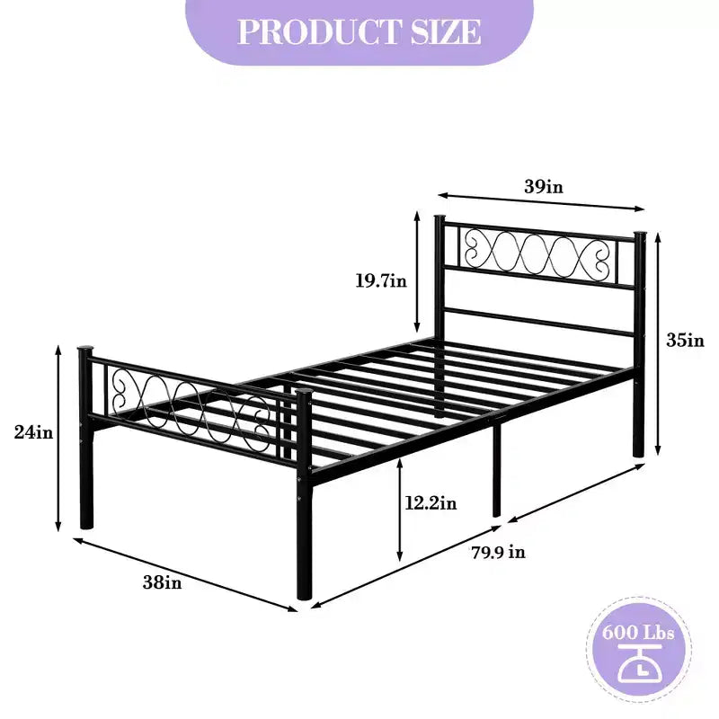 Black Twin XL Bed Frame with Headboard and Footboard for Girls and Boys, Metal Platform Bed Frame with Iron-Art Sweet Heart, No Box Spring Needed
