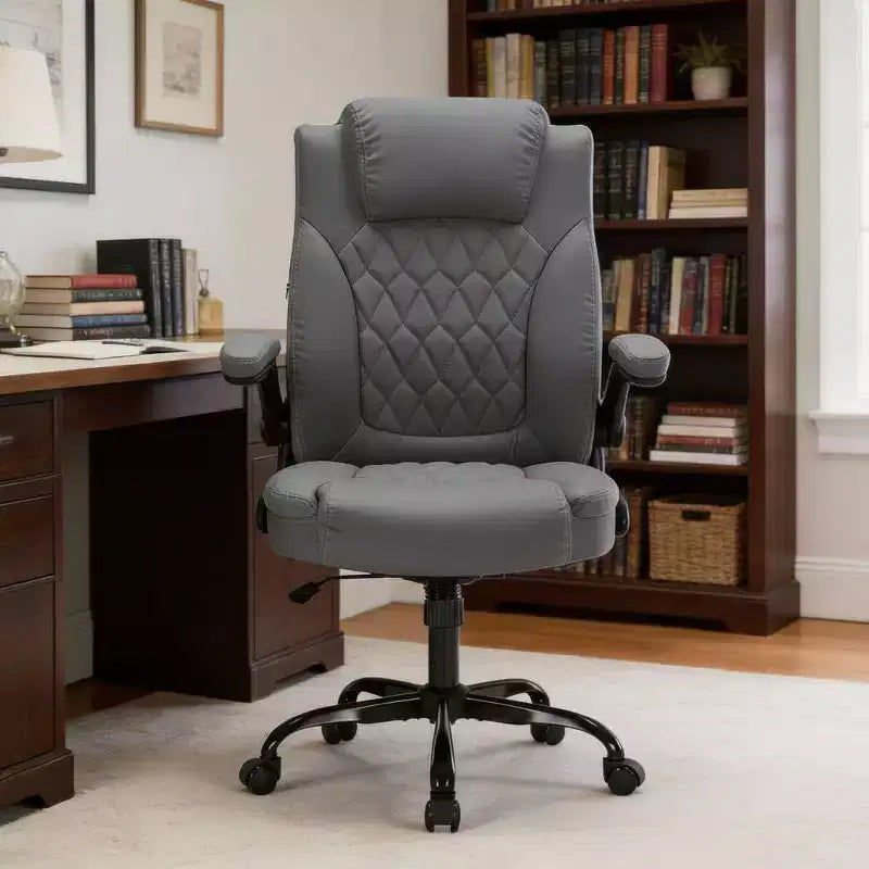 Leather Executive Office Chair, 350 lbs Heavy Duty Ergonomic Desk Chair with Lumbar Support, Padded Flip-Up Arms, Tilt Lock, 360 Swivel