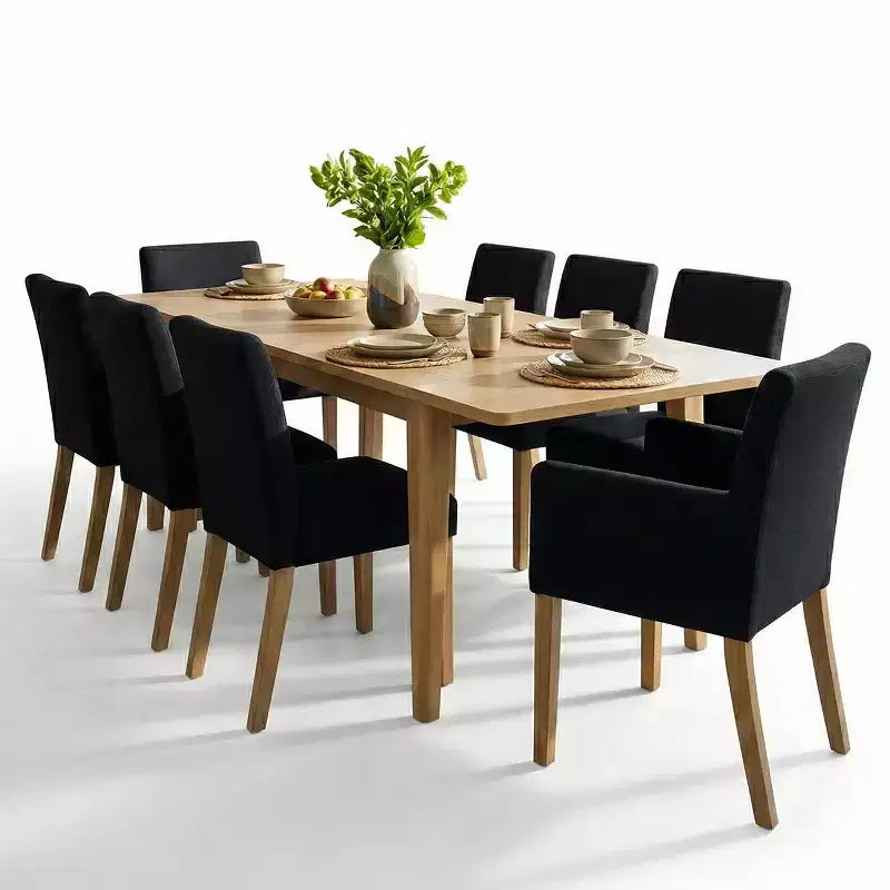 9-Piece Dining Table Set with Leaf, Includes 6 Armless Chairs and 2 Armchairs in Neutral Linen, Solid Wood Legs, Modern Style-Panipeachy