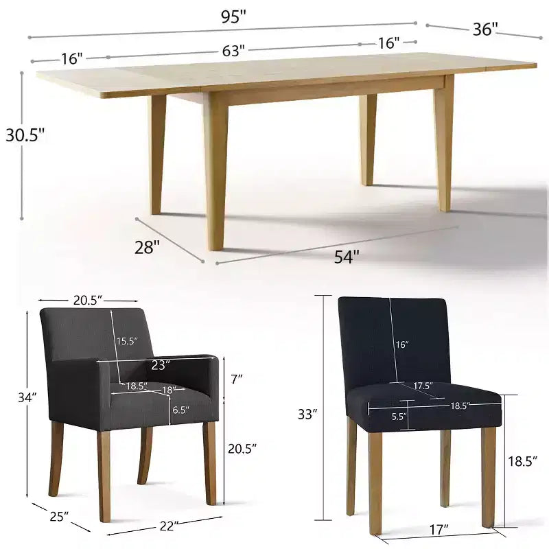 9-Piece Dining Table Set with Leaf, Includes 6 Armless Chairs and 2 Armchairs in Neutral Linen, Solid Wood Legs, Modern Style-Panipeachy