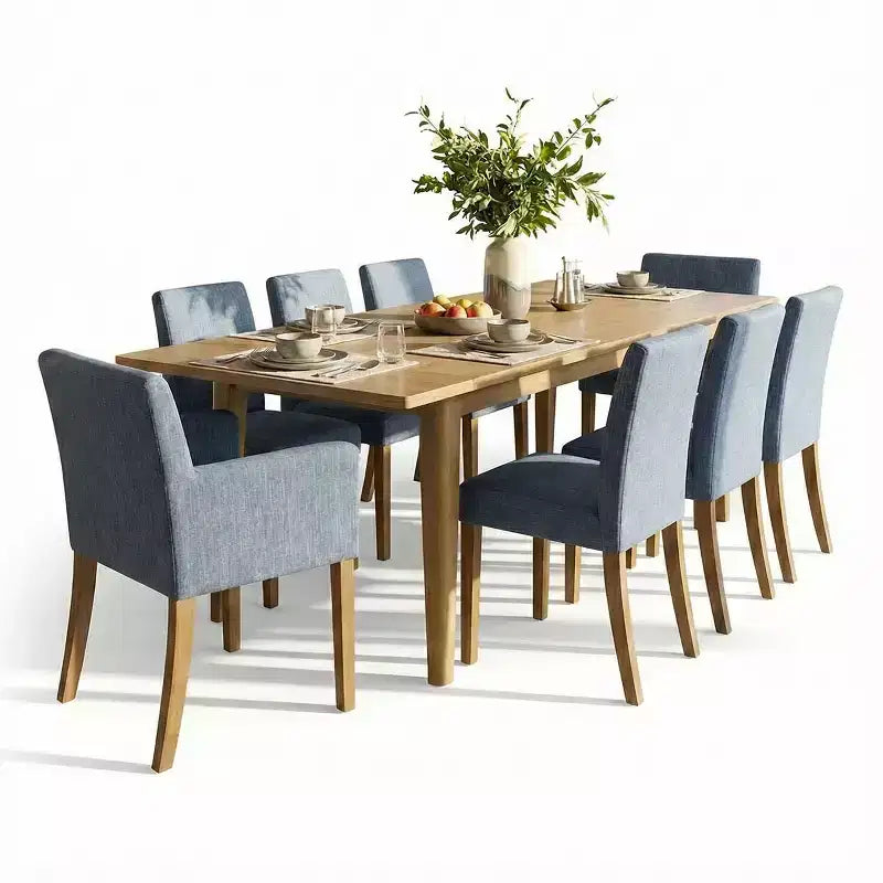 9-Piece Dining Table Set with Leaf, Includes 6 Armless Chairs and 2 Armchairs in Neutral Linen, Solid Wood Legs, Modern Style-Panipeachy